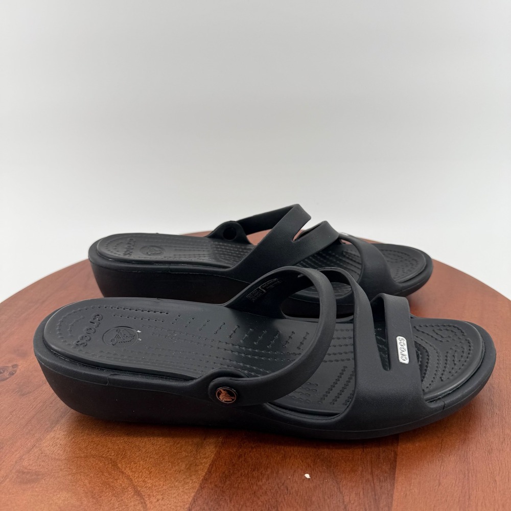 Crocs Monterey Strappy Wedge Sandals Black Womens Size 11 Comfort Slides